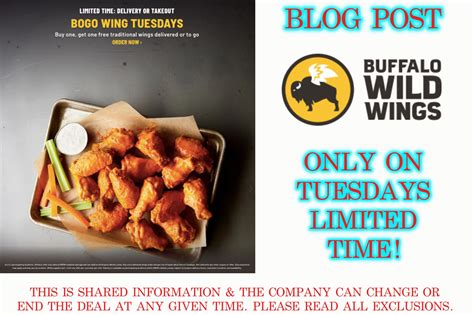 Buffalo wild wings tuesday bogo - Mar 12, 2024 · Buffalo Wild Wings has the details on its website. Buffalo Wild Wings also has an $8.99 Wing Bundle every day, Happy Hour specials on weekdays, and buy one, get one free deals on Tuesdays and Thursdays. * All of our coupons, promo codes and specials are 100% sourced by our content team, made up of living, breathing human beings. 